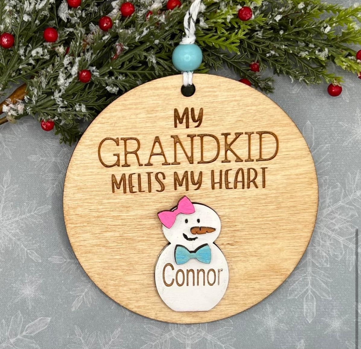 Our/my grandkid snowman ornament