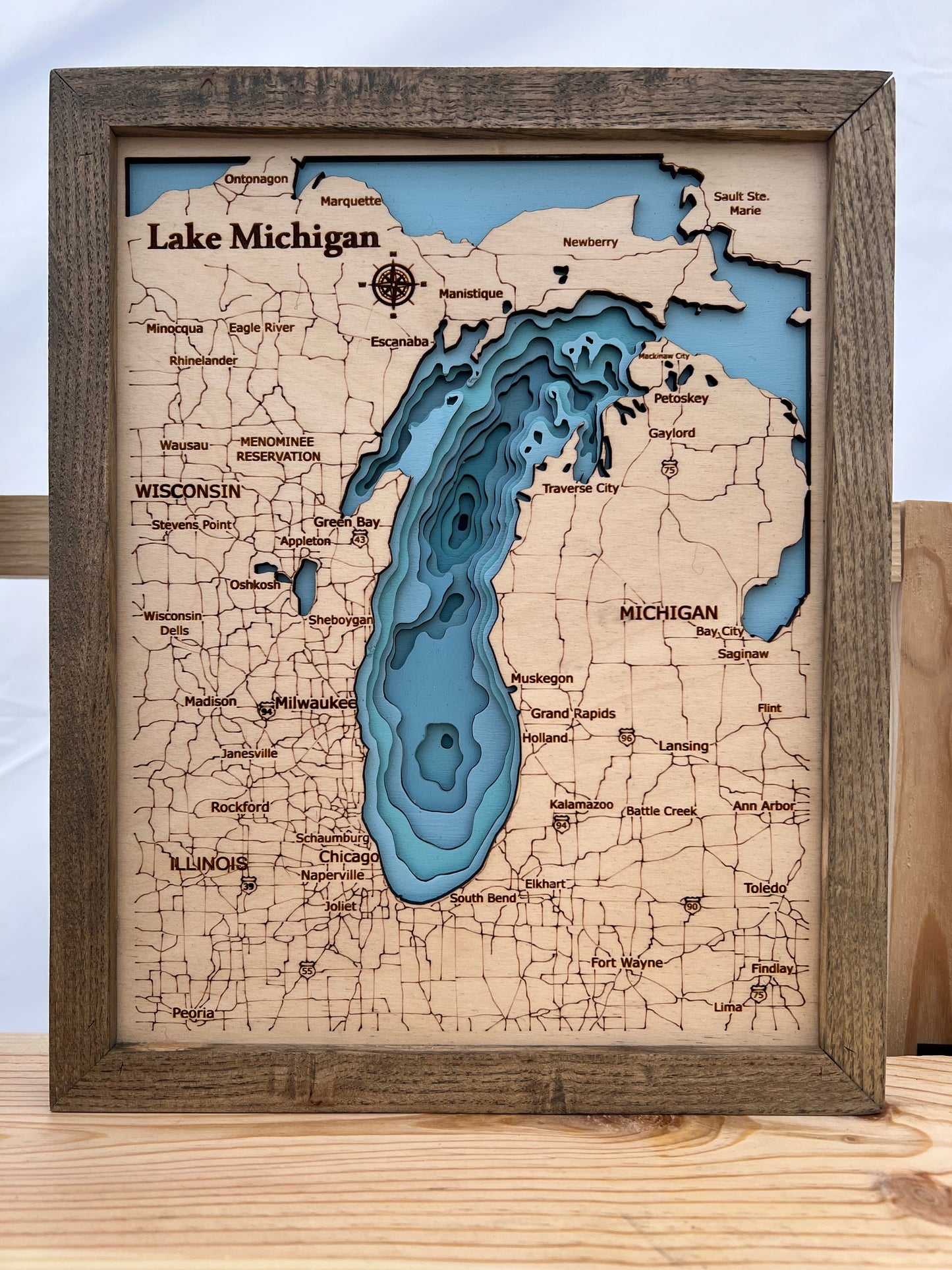 Lake Michigan wood layered map